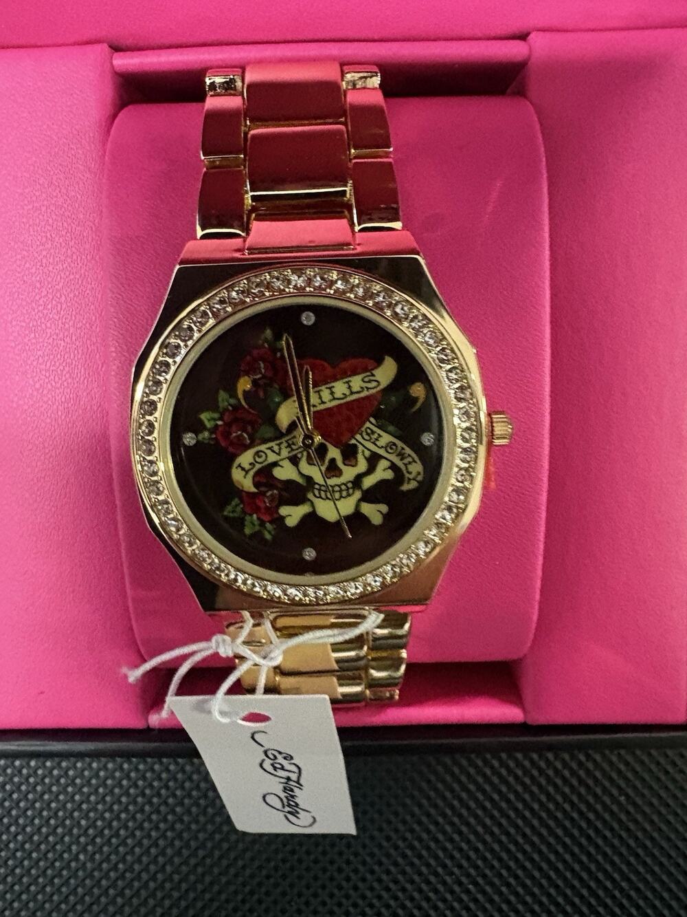 Ed Hardy Love Kills Slowly Gold Tone Skull Dial Quartz Watch w/Box